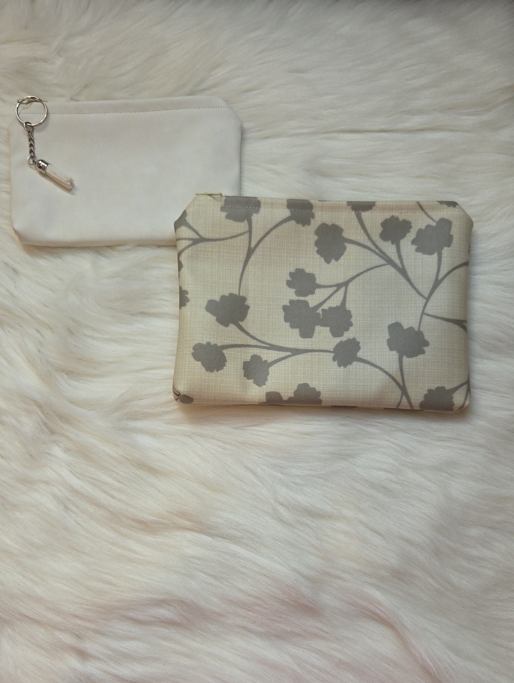 Floral Print Cosmetic Pouch in Beige and Gray. Set of 2.